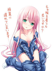 after_sex akkijin between_legs blush breasts collarbone commentary_request eyebrows_visible_through_hair female green_eyes hand_between_legs head_tilt long_hair open_clothes open_mouth original pink_hair simple_background sketch small_breasts socks solo tears text translated white_background