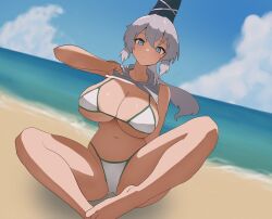 1girls 2d bare_shoulders barefoot beach belly belly_button big_breasts bikini blue_eyes breasts cleavage female hat hips huge_breasts large_breasts lifting_top long_hair looking_at_viewer mononobe_no_futo moriforest1040 outdoors ponytail sitting solo source tate_eboshi thick_thighs thighs tied_hair touhou white_hair wide_hips