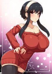 1girls arm_support big_breasts black_hair blush clothed clothing female female_focus female_only large_breasts long_hair looking_at_viewer red_eyes solo solo_female spy_x_family stockings thighs virus-g yor_briar yor_forger