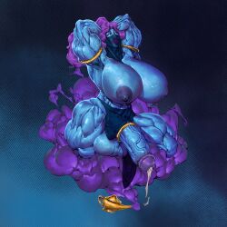 1futa areolae balls blue_skin breasts buffcake clothed clothing cum erection futa_only futanari genie huge_balls huge_breasts huge_cock humanoid humanoid_penis large_breasts large_penis long_hair mostly_nude muscular_futanari nipples penis purple_hair solo