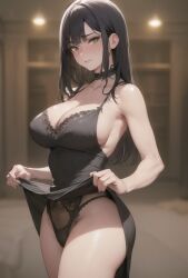 1girls ai_generated black_dress black_hair choker exposing exposing_self female green_eyes lace lifting_up lingerie looking_at_viewer mature_female milf panties seductive stable_diffusion