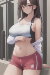 1girls ai_generated belly_button big_breasts blush blush breasts brown_hair brown_hair female gym_shorts holding_up_breasts large_breasts looking_at_viewer sports_bra sportswear stable_diffusion thighs