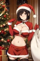 ai_generated black_eyes black_hair bleach breasts christmas christmas_outfit cleavage female gloves hat izumi_ishida merry_christmas midriff navel sack santa santa_costume santa_hat short_hair skirt solo stable_diffusion thighhighs unstable_diffusion