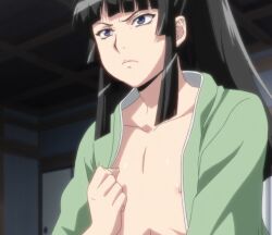 1girls ai_generated blue_eyes dark_hair female female_only flat_chest flat_chested manyuu_hikenchou nipples pale-skinned_female pale_skin sayama_ouka shirt shirt_open solo topless topless_female