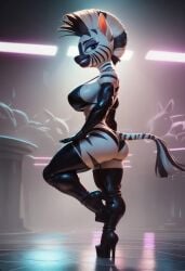 ai_generated animated anthro breasts elbow_gloves high_heel_boots high_heels latex shortstack side_view tagme thighhighs tubetop video walking zebra