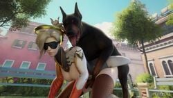 3d animated areolae blender blindfold blonde_hair bouncing_breasts breasts canine dog doggy_style edit female feral_on_female fritzhq lerico213 male mercy nipples outdoors overwatch public sound sound_edit straight thighhighs video zoophilia