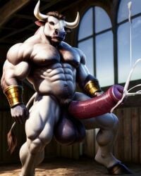 ai_generated anthro anthrofied bovid bovid_humanoid bovine bull cum cumshot horns horsecock huge_balls huge_cock lonely_man muscular_anthro original original_characterrn