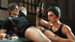 2boys blonde_hair bottomelss bottomless capcom cum fleshlight killystein leon_scott_kennedy lying male_focus male_only presenting resident_evil resident_evil_2 resident_evil_2_remake resident_evil_4 resident_evil_4_remake sex_toy yaoi