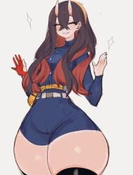 1girls black_hair bottom_heavy breasts carmine_(pokemon) closed_eyes female game_freak light-skinned_female light_skin long_hair nintendo oni oni_female oni_horns pokemon pokemon_sv slim_waist smiling thick_thighs two_tone_hair usa37107692 wide_hips