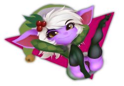 arms_behind_head arms_up christmas christmas_tree cleft_of_venus feet female_focus furry league_of_legends legs legs_up long_socks purple_body purple_skin seductive shortstack socks solo thick_thighs tonzy tristana white_hair yellow_eyes yordle