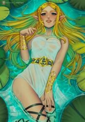 1girls 2020s 2021 big_breasts blonde_hair blue_eyes blush breasts breath_of_the_wild dress earrings feet_out_of_frame female female_only fishnet_legwear inspyart laying_down lily_pad long_hair looking_at_viewer nintendo parted_lips partially_submerged patreon pointy_ears princess_zelda see-through smile solo the_legend_of_zelda water wet wet_clothes zelda_(breath_of_the_wild)