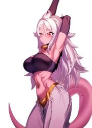 1girls android_21 arabian_clothes athletic_female big_breasts dragon_ball dragon_ball_fighterz dragon_ball_z harem_outfit jewelry long_hair majin_android_21 navel pink_body pink_skin red_eyes spiked_hair spiky_hair stretching tail zquung