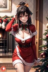 1girls ai_generated akeno_himejima ass bed bedroom big_breasts bikini blue_eyes christmas christmas_outfit christmas_tree dreamai942 female female_only girl hi_res high_resolution high_school_dxd highres large_ass large_breasts looking_at_viewer looking_back open_clothes sideboob solo