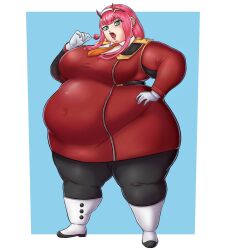 1girls 2022 bbw belly_bulge belly_button belly_button_visible_through_clothing color cyan_eyes darling_in_the_franxx demon_horns fat hand_on_hip huge_belly huge_breasts lollipop looking_at_viewer navel navel_visible_through_clothes obese overweight sauteedloin tagme zero_two_(darling_in_the_franxx)