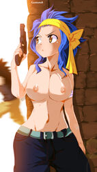 1boy 1girls blue_hair breasts fairy_tail gajeel_redfox gaston18 gun kopbyc levy_mcgarden nipples