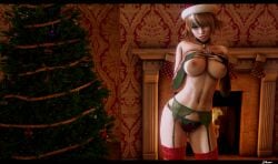 1girls big_breasts blue_eyes busty christmas christmas_outfit christmas_tree curvy exposed_breasts fireplace garter ginger heels honey_select_2 licking_lips lingerie nipples panties pose santa_hat shanodeshano solo stockings studio_neo thick_thighs two_tone_hair