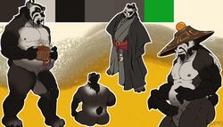 anthro badart_(artist) balls bear big_penis clothing erection flaccid huge_cock humanoid_penis japanese_clothing kimono male mammal model_sheet musclegut panda penis solo