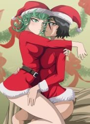 2girls ass black_hair bleach breasts christmas christmas_ornaments crossover female female_only green_eyes green_hair imminent_sex kuchiki_rukia large_breasts legs mature_female multiple_girls one-punch_man santa_claus_(cosplay) short_hair skirt tatsumaki yuri