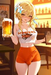 ai_generated alcohol balls beer beer_mug blonde_hair breasts bulge bulge_through_clothing clothed crop_top cum cum_on_clothes cum_on_penis cum_through_clothes cumdrip dickgirl doseogwan ejaculation employee_uniform erect_penis erection erection_under_clothes futa_only futanari genshin_impact hair_flower hands-free handsfree_ejaculation holding_beer holding_object hooters hooters_uniform indoors looking_at_viewer lumine_(genshin_impact) open_mouth orange_shorts penis short_hair short_shorts shorts smile solo solo_futa standing sweat tank_top thighs visible_penis_shape waitress white_tank_top wide_hips yellow_eyes