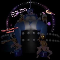 3d 3d_(artwork) 5girls ballora ballora_(fnafsl) ballora_(spiderjunior10) barely_clothed big_ass big_breasts bottomwear casual casual_nudity clothed fazwolfent female female_only five_nights_at_freddy's five_nights_at_freddy's:_sister_location huge_ass huge_breasts minireena no_bra no_underwear nude oc pov robot robot_girl sideass stripper stripper_pole teasing topless underboob vengy