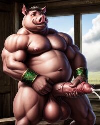 ai_generated anthro anthrofied big_belly cum cumshot huge_balls huge_cock muscular_anthro pig porcine