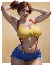 1girl 1girls 2020s 2023 3d abs ai_generated alternate_breast_size anime armpits asymmetrical_hair beach big_breasts blue_bottomwear blue_eyes blush breasts clothing cowboy_shot crop_top denim denim_shorts female female_only front_view game_freak gen_1_pokemon hands_behind_head happy hero heroine high_resolution hips huge_breasts jean_shorts kasumi_(pokemon) large_breasts legs legs_together light-skinned_female light_skin manga midriff muscle navel nintendo nipples orange_hair photorealistic pokemon pokemon_(anime) pokemon_(classic_anime) pokemon_rgby ponytail realistic red_suspenders shirt short_hair short_shorts shorts side_ponytail sleeveless sleeveless_shirt smile solo solo_female spiky_hair standing strong_tomboy_(spectrum) suspenders tank_top teenage_girl teenager thick_thighs thighs tied_hair tomboy very_high_resolution video_game_franchise wide_hips yellow_shirt yellow_topwear