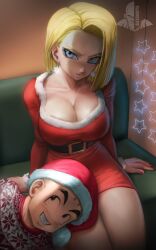 1boy 1girl 1girls android_18 bald bald_man black_eyes blonde_female blonde_hair blue_eyes breasts canon_couple christmas cleavage couple dragon_ball elitenappa female happy husband_and_wife krillin kuririn large_breasts lying_on_lap male married_couple smile smiling stars tagme thick_thighs thighs