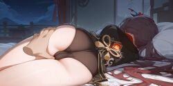 1girls ai_generated ass bed black_panties brown_hair bubble_ass bubble_butt female female_only genshin_impact groping hu_tao_(genshin_impact) lying molestation night on_bed panties rear_view sleep_molestation sleeping stable_diffusion thick_thighs thigh_grab thighs tremble_spikes twintails underwear