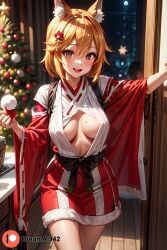 1girls ai_generated ass bed bedroom big_breasts bikini blue_eyes christmas christmas_outfit christmas_tree dreamai942 female female_only fox_ears fox_girl girl hi_res high_resolution highres kemonomimi kitsune large_ass large_breasts looking_at_viewer looking_back open_clothes senko_(sewayaki_kitsune_no_senko-san) sewayaki_kitsune_no_senko-san sideboob solo