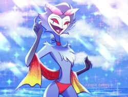 angele_darliing anthro artist_name ass avian bird blue_sky choker demon detailed_background grey_body grey_feathers helluva_boss looking_at_viewer male male_only open_mouth owl owl_demon red_eyes red_speedo sea sky solo speedo stolas_(helluva_boss) swimsuit