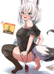 ass asymmetrical_legwear barefoot black_t-shirt blush command embarrassed game game_case hololive hololive_gamers hololive_gen_1 hololive_japan huge_ass japanese_text legwear nintendo_controller nintendo_switch no_pants panties shirakami_fubuki shocked squatting text thick_thighs virtual_youtuber wide_hips