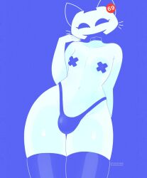 1boy animal_humanoid blue_background bulge cat_humanoid choker clothed clothing clyde_(discord) discord discord_(app) disembodied_head exqmaster felid felid_humanoid feline feline_humanoid femboy front_view girly humanoid jewelry legwear male male_only mammal mammal_humanoid monochrome mostly_nude navel necklace pasties simple_background solo solo_male stockings thighhighs thong underwear