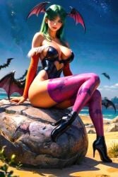 ai_generated bare_shoulders bare_thighs bats beach beautiful beautiful_females busty_female capcom curvy_figure darkstalkers fantasy female female_focus green_hair hair_down halloween_costume head_wings heart_shape high_heels large_breasts lipstick long_socks looking_at_viewer morrigan_aensland night rocks sand sea seductive seductive_eyes sexy shoreline sitting solo stable_diffusion stars succubus thick_thighs toongenai video_game_character video_game_franchise video_games voluptuous_female wings