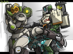 2d bastion_(overwatch) blizzard_entertainment blush breasts dr.bug duo female from_behind_position ganymede_(overwatch) horn living_machine looking_back machine male omnic orisa overwatch penetration penis ranged_weapon robot sex straight weapon