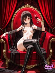 ai_assisted ai_generated alcohol black_footwear black_hair black_legwear boots breasts canopy_bed chair collarbone couch crossed_legs cup curtain_grab curtains drinking_glass female flirtzy.ai hair_between_eyes hair_censor holding holding_cup long_hair looking_at_viewer medium_breasts navel nude on_couch red_eyes shiny sitting solo thigh_boots thighhighs throne wine wine_glass