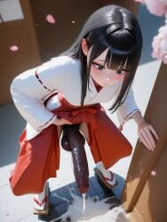 1futa 1girls after_masturbation ai_generated big_balls black_eyes black_hair blunt_bangs blush bowlegged_pose cherry_blossoms cum cum_on_floor dark_balls dark_penis dickgirl excessive_cum exhibitionism female from_above futa_masturbation futanari geta hairy_balls hakama hakama_lift high_quality highres huge_cock huge_cock intersex japanese_clothes japanese_female kimono long_skirt looking_at_another looking_down masturbation miko outdoors pubic_hair public_exposure realistic_penis red_hakama sagging_balls standing ugly_penis uncensored veiny_penis