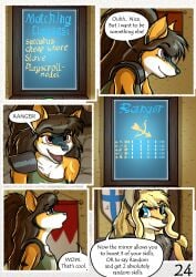 absurd_res anthro blonde_hair blue_eyes brown_hair canid canine canis comic domestic_dog english_text fantasy female fox fur german_spitz grace_o'malley hair hi_res large_spitz long_hair madlaine_mckraven mammal medieval red_eyes spitz text the_quest_for_quests tqfq white_body white_fur yellow_body yellow_fur zaiksmckraven