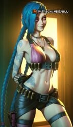 ai_generated arm_tattoo arms_behind_back asymmetrical_bangs bare_shoulders belt belt_buckle bikini bikini_top_only black_gloves black_nails blue_hair braid breasts bullet collarbone female fingerless_gloves gloves jewelry jinx_(league_of_legends) league_of_legends lips long_hair looking_at_viewer medium_breasts meitabuu midriff nail_polish navel necklace pendant pink_eyes pink_thighhighs short_shorts shorts single_thighhigh skindentation smile solo standing stomach swimsuit tattoo thigh_strap thighhighs twin_braids twintails very_long_hair