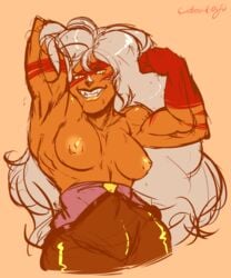 areola armpits big_breasts big_nipples breasts_out carbonoid female gem_(species) grim jasper_(steven_universe) muscular_female nipples orange_skin perky_breasts pose sharp_teeth slit_pupils small_areola smile steven_universe white_hair