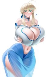 1girls artoria_pendragon artoria_pendragon_(lancer) big_breasts blonde_hair boob_window breasts busty cleavage clothing fate_(series) female female_only huge_breasts large_breasts looking_at_viewer luunamito massive_breasts navel png solo thick_thighs thunder_thighs white_background wide_hips