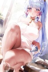 1girls big_breasts blue_eyes blue_hair blush crouching fantongjun female female_only genshin_impact kamisato_ayaka large_breasts long_hair looking_at_viewer mole mole_under_eye onsen solo solo_female squatting thick thick_thighs towel voluptuous wet