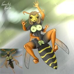 1:1 4_arms against_surface antennae_(anatomy) anthro areola armwear arthropod arthropod_abdomen big_breasts black_bodysuit black_clothing black_sclera black_skinsuit bodily_fluids bodysuit boots breasts breasts_on_glass brown_hair clothing elbow_gloves exposed_breasts eyelashes female footwear front_view genital_fluids genitals gloves green_areola green_body green_nipples hair handwear hi_res humanoid hymenopteran insect_wings insects knee_boots knee_highs legwear meme multi_arm multi_limb nipples on_glass open_mouth orange_boots orange_clothing orange_footwear orange_gloves orange_handwear pussy shoes short_hair skinsuit solo thick_thighs tight_clothing tongue tongue_out torn_bodysuit vaenerik_naarla vaginal_fluids vulva wasp wide_hips wings yellow_eyes