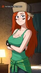 ai_generated arms_under_breasts bare_shoulders bed bedroom black_gloves body_freckles breasts brown_eyes cleavage closed_mouth clothes_around_waist crossed_arms curtains disney disney_channel earrings facial_mark female fingerless_gloves freckles fur_hat gloves gravity_falls green_shirt hat indoors jacket_around_waist jewelry lamp large_breasts long_hair looking_at_viewer meitabuu orange_hair pants shirt shirt_around_waist smile solo sweater_around_waist tank_top torn_clothes torn_shirt ushanka wendy_corduroy
