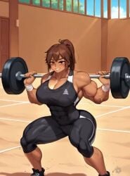 1girls abs ai_generated animated barbell biceps big_breasts bodybuilder bodysuit breasts busty_buff cleavage dark_skin dark_skinned_female female female_only fmg-smug from_below grin gym gym_uniform huge_breasts indoors inside large_breasts muscular muscular_arms muscular_female muscular_legs muscular_thighs skindentation smug solo squatting tagme thick_thighs thighs toned toned_female underboob video white_bikini