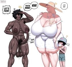 1boy 2girls abs alyssa_(fellatrix) antonio_(fellatrix) artist_name black_hair blonde_hair breasts brown_tank_top cellulite dark-skinned_female dark_skin dated english_text fat fellatrix food futanari grey_hat hat helen_(fellatrix) highres holding holding_food holding_ice_cream huge_breasts ice_cream jewelry lolicon long_hair looking_at_another multiple_girls muscular necklace nipples open_mouth original penis pubic_hair short_hair shorts simple_background sound_effects speech_bubble sun_hat tank_top testicles veins veiny_penis very_dark_skin web_address white_background