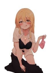 absurdres arm_support black_bra black_panties black_skirt blonde_hair blush bra breasts cleavage closed_mouth clothes_pull collarbone collared_shirt commentary_request cum cum_on_clothes cum_on_hair double-parted_bangs female full_body hair_between_eyes hair_over_shoulder half-closed_eyes highres holding holding_unworn_clothes kneeling large_breasts leaning_forward licking_lips long_bangs long_hair long_sidelocks looking_at_viewer marukana_seimen navel_peek open_clothes open_shirt orange_eyes original panties pink_panties red_nails seductive_smile shirt short_sleeves sidelocks skirt skirt_pull smile solo split_mouth straight_hair tongue tongue_out unbuttoned underwear unworn_panties very_long_hair white_shirt