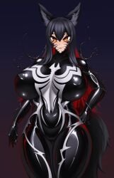 1girls animal_ears arknights big_breasts bodysuit corruption latex_skin latex_skinsuit latex_suit living_clothes marvel marvel_comics rikatsuky symbiote texas_(arknights) venom_(marvel)