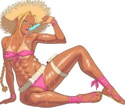 1girls abs bikini blonde_hair breasts cammy_white female female_only hat lipstick octavius_dp open_mouth popsicle sitting solo street_fighter street_fighter_6 suggestive sweat sweatdrop sweaty_body swimsuit tanline tanned tanned_skin thick_thighs toned toned_female tongue tongue_out white_background wide_hips