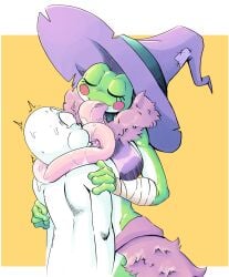 1boy1girl anonymous_male breasts clothed_female colored colored_background deep_kiss deep_kissing extreme_french_kiss eyelashes frog frog_girl frog_tongue fully_clothed giant_hat green_body green_skin grefina_(noirchaton4) hourglass_figured_female hyper_tongue kissing licking loincloth long_tongue male/female mammal noirchaton4 non-mammal_breasts oc original original_character red_cheekdots red_cheeks size_difference sloppy_kiss tall_female tree_frog webbed_hands white_body witch witch_hat yellow_background