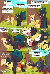 2025 absurd_res accessory anus backsack balls big_tail black_body black_nose bodily_fluids caught_in_the_act cheek_tuft closed_eyes comic countershade_face countershading day dialogue dipstick_tail duo english_text facial_tuft female female/female fennekin feral flower flower_in_hair fluffy fluffy_tail fuf generation_4_pokemon generation_5_pokemon generation_6_pokemon genitals gloves_(marking) hair hair_accessory heart_symbol hi_res inner_ear_fluff inviting kissing looking_at_another looking_at_partner male markings nintendo open_mouth outside pachirisu plant pokemon pokemon_(species) pussy quadruped red_markings rosy_cheeks saliva semi-anthro speech_bubble spiked_tail spikes spikes_(anatomy) tack's_mom_(petokikka) tail tail_markings text tongue tree tuft vulva white_body white_countershading yellow_body zorua